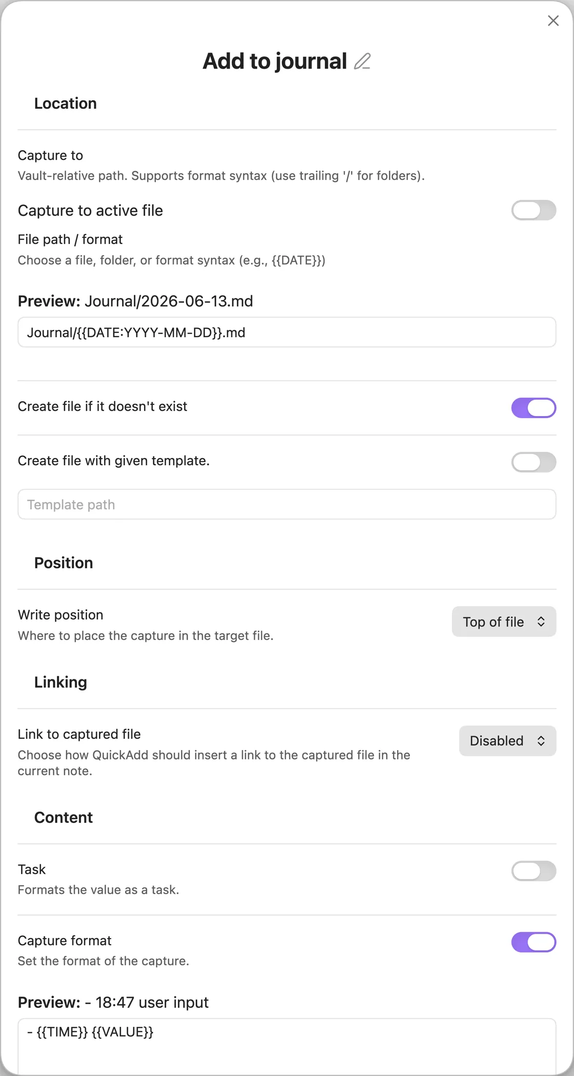 The QuickAdd Capture builder, showing the Location and Position sections